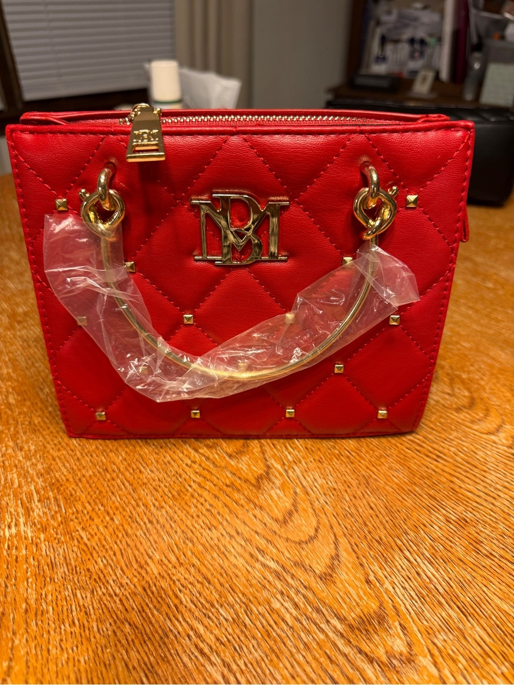 Badgley Mischka Quilted Red Mini Satchel with Gold Hardware
